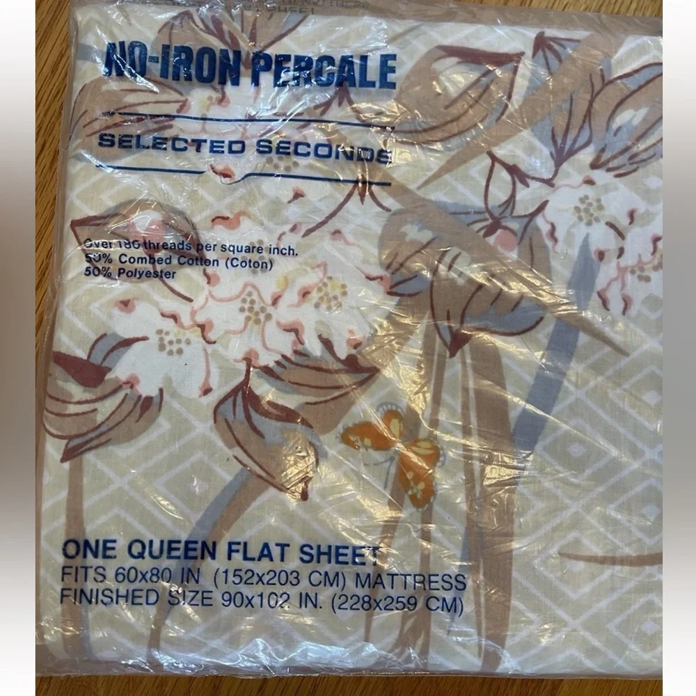 🆕Vintage 1970s Floral Queen Flat Sheet NOS no iron percale 50/50‎ cotton poly